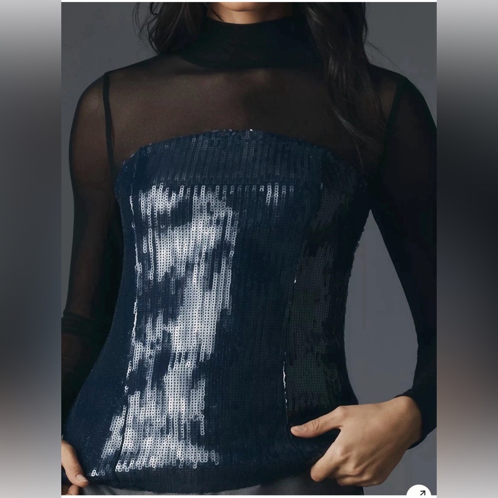New Maeve Anthropologie  Women’s Sz M Blouse Sheer Top1/4 Sequins Lower Navy/Blk
